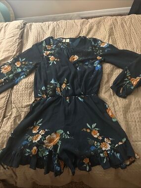 Japna Navy Floral Long-Sleeve Ruffle-Hem Romper